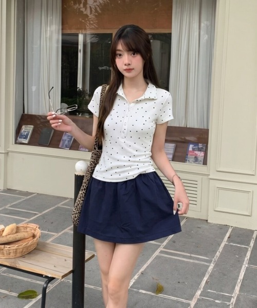 GEMEDA(ジェメダ)の「【韓国ガーリー】ミニドットポロカラーリブトップス / コンパクト半袖カットソー(Tシャツ/カットソー・レディース・ホワイト/グレー/ピンク・M)」の16枚目の写真