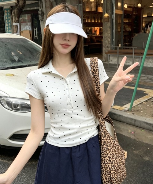 GEMEDA(ジェメダ)の「【韓国ガーリー】ミニドットポロカラーリブトップス / コンパクト半袖カットソー(Tシャツ/カットソー・レディース・ホワイト/グレー/ピンク・M)」の17枚目の写真