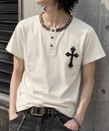 カモフラ クロスワッペン スタッズ レオパードリブ ヘンリーネック Tシャツ