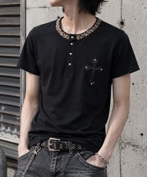 カモフラ クロスワッペン スタッズ レオパードリブ ヘンリーネック Tシャツ