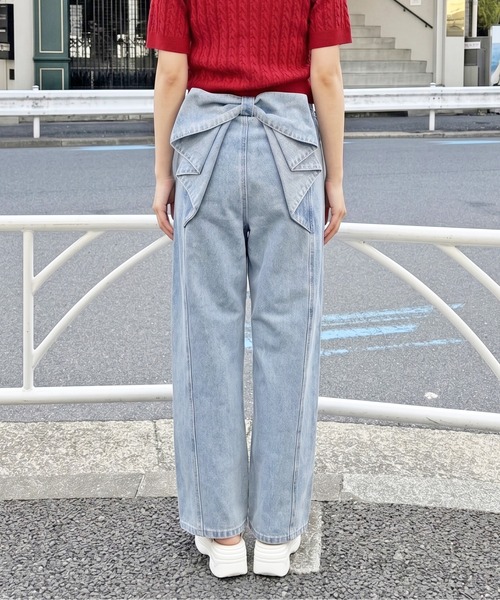 FUN(ファン)の「リボンストレートパンツ(デニムパンツ・レディース・ブラック/サックスブルー・M/S/L)」の1枚目の写真