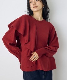 サイドラッフルペプラムニットトップス 秋服 冬服 デザインニット 体系カバー アシンメトリー