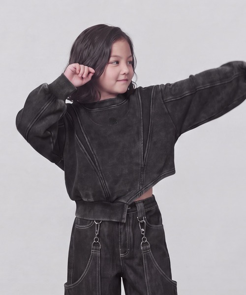 DURAS（デュラス）の「KIDS｜アシンメトリーヘムスウェット｜ペアコーデ対応（スウェット・キッズ・グレー/ピンク/ブラック・M(110-120)/L(120-130)/S(100-110)）」の8枚目の写真