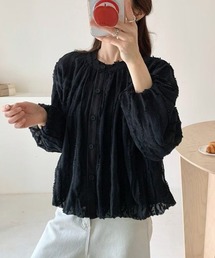 ジャガードバルーンブラウス ボリュームスリーブ バルーンブラウス フリンジジャガード ブラウス 長袖 クロップド 春服 秋服