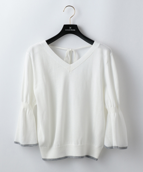 GUILD PRIME（ギルドプライム）の「【GUILD PRIME】WOMENS フレアスリーブVネックニット（ニット/セーター・レディース・オフホワイト/レモンイエロー/ブラック・36/34）」の2枚目の写真