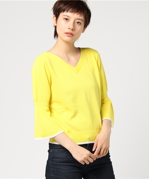 GUILD PRIME（ギルドプライム）の「【GUILD PRIME】WOMENS フレアスリーブVネックニット（ニット/セーター・レディース・オフホワイト/レモンイエロー/ブラック・36/34）」の12枚目の写真