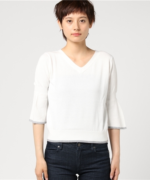 GUILD PRIME（ギルドプライム）の「【GUILD PRIME】WOMENS フレアスリーブVネックニット（ニット/セーター・レディース・オフホワイト/レモンイエロー/ブラック・36/34）」の4枚目の写真