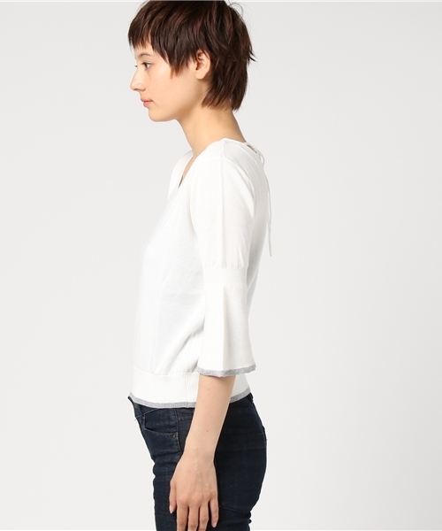 GUILD PRIME（ギルドプライム）の「【GUILD PRIME】WOMENS フレアスリーブVネックニット（ニット/セーター・レディース・オフホワイト/レモンイエロー/ブラック・36/34）」の5枚目の写真