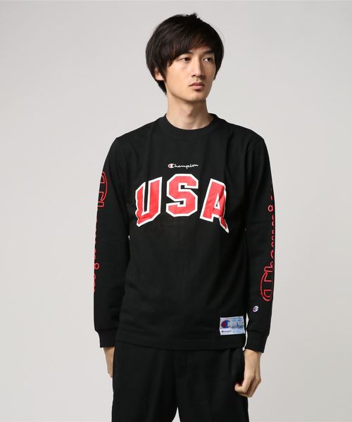 Champion（チャンピオン）の「CHAMPION/チャンピオン USA＆袖プリントロンT（Tシャツ/カットソー・メンズ・ホワイト/ブラック/オレンジ・M/L）」の2枚目の写真
