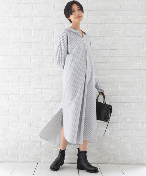 Munich（ミューニック）の「リヨセルコットンブロード　マキシシャツワンピース（ワンピース・レディース・ベージュ/ホワイト×ブルー/カーキ/ネイビー×ホワイト/テラコッタ・FREE）」の2枚目の写真