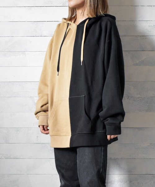 TRAP/U (トラップユー)の「【69】【TRAP/U】シンメトリー配色裏毛プルパーカ(Tシャツ/カットソー・レディース・カーキ/ベージュ/オフホワイト・MEDIUM/LARGE)」の3枚目の写真