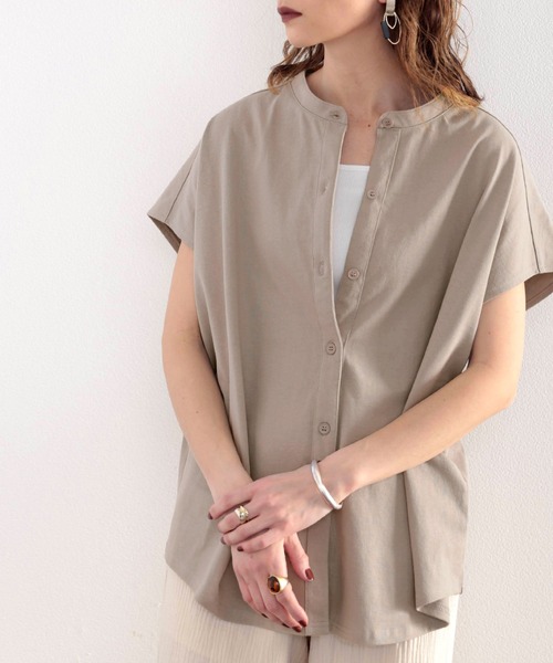 classicalelf（クラシカルエルフ）の「シャツ見えするのにシワになりにくい！綿100％。しっかり生地のバンドカラーカットソー（シャツ/ブラウス・レディース・グレイッシュベージュ/ホワイト/ブラック/ナチュラル/ライトグレー/グリーン系その他/ブルーグリーン・X-LARGE/MEDIUM/LARGE/SMALL）」の16枚目の写真