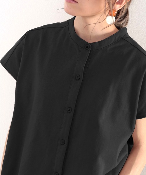 classicalelf（クラシカルエルフ）の「シャツ見えするのにシワになりにくい！綿100％。しっかり生地のバンドカラーカットソー（シャツ/ブラウス・レディース・グレイッシュベージュ/ホワイト/ブラック/ナチュラル/ライトグレー/グリーン系その他/ブルーグリーン・X-LARGE/MEDIUM/LARGE/SMALL）」の10枚目の写真