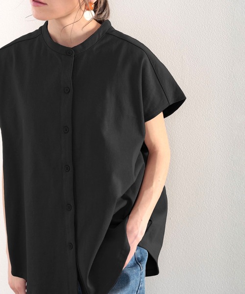 classicalelf（クラシカルエルフ）の「シャツ見えするのにシワになりにくい！綿100％。しっかり生地のバンドカラーカットソー（シャツ/ブラウス・レディース・グレイッシュベージュ/ホワイト/ブラック/ナチュラル/ライトグレー/グリーン系その他/ブルーグリーン・X-LARGE/MEDIUM/LARGE/SMALL）」の13枚目の写真