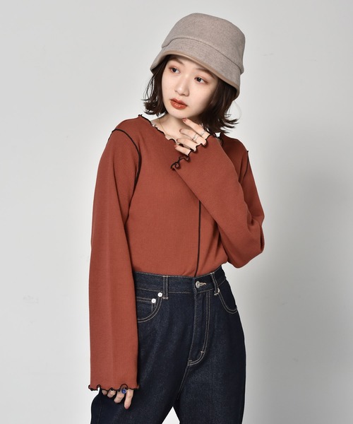 RETRO GIRL(レトロガール)の「配色メロウワッフルTee(Tシャツ/カットソー・レディース・アイボリー/レンガ/ブラック/ダークグリーン・FREE)」の4枚目の写真