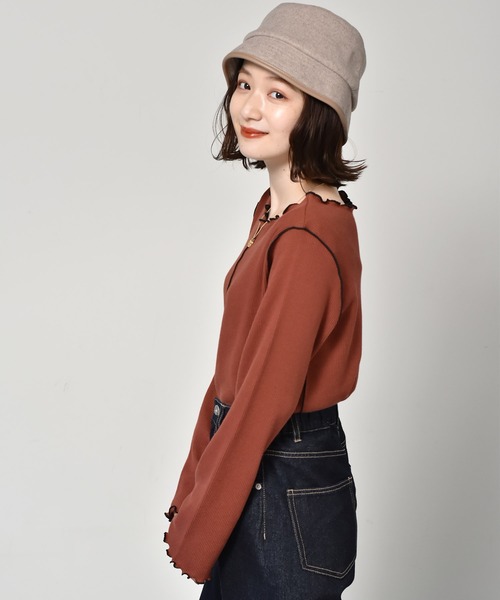 RETRO GIRL(レトロガール)の「配色メロウワッフルTee(Tシャツ/カットソー・レディース・アイボリー/レンガ/ブラック/ダークグリーン・FREE)」の13枚目の写真