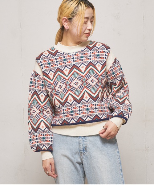 CIAOPANIC（チャオパニック）の「ジャガードビートニット（ニット/セーター・レディース・ブラック/ベージュ/オフホワイト・FREE）」の4枚目の写真