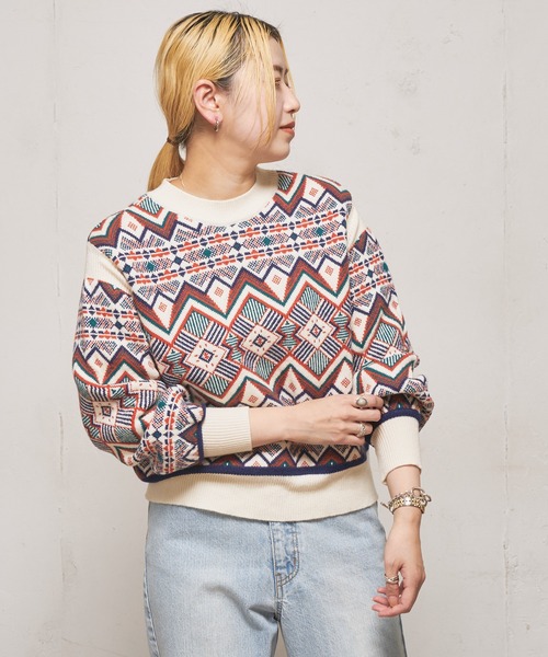 CIAOPANIC（チャオパニック）の「ジャガードビートニット（ニット/セーター・レディース・ブラック/ベージュ/オフホワイト・FREE）」の19枚目の写真