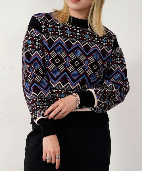 CIAOPANIC（チャオパニック）の「ジャガードビートニット（ニット/セーター・レディース・ブラック/ベージュ/オフホワイト・FREE）」の11枚目の写真