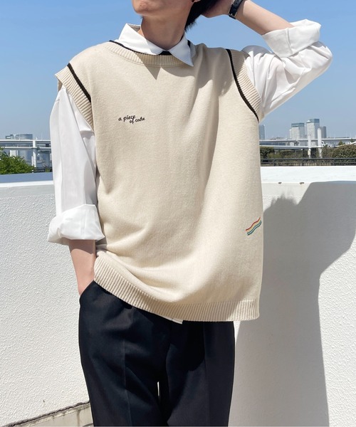 PairPair（ペアペア）の「刺繍入りニットベスト(ユニセックス)（ベスト・メンズ・ネイビー/ライム/アイボリー・MEDIUM/LARGE）」の7枚目の写真