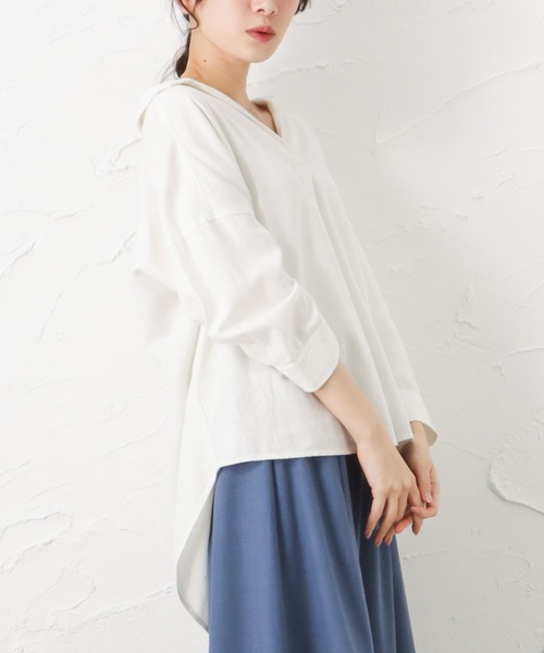 NAVY（ネイビー）の「ミントリネン スキッパーシャツ（シャツ/ブラウス・レディース・ホワイト/ライム/ベージュ/チャコール・フリー）」の5枚目の写真