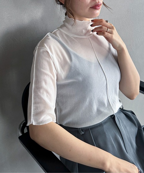 feepur（フェピュール）の「アウトリンキングシアーハイネックハーフスリーブT（Tシャツ/カットソー・レディース・ブラック/オフホワイト/グリーン/クリーム/ピンク系その他・MEDIUM）」の2枚目の写真