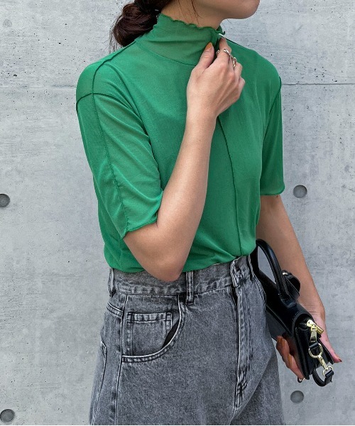 feepur（フェピュール）の「アウトリンキングシアーハイネックハーフスリーブT（Tシャツ/カットソー・レディース・ブラック/オフホワイト/グリーン/クリーム/ピンク系その他・MEDIUM）」の5枚目の写真