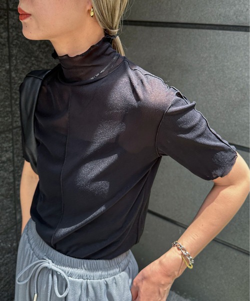 feepur（フェピュール）の「アウトリンキングシアーハイネックハーフスリーブT（Tシャツ/カットソー・レディース・ブラック/オフホワイト/グリーン/クリーム/ピンク系その他・MEDIUM）」の7枚目の写真