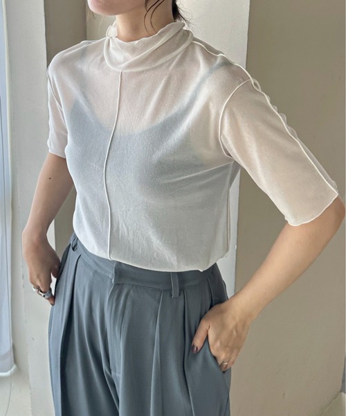 feepur（フェピュール）の「アウトリンキングシアーハイネックハーフスリーブT（Tシャツ/カットソー・レディース・ブラック/オフホワイト/グリーン/クリーム/ピンク系その他・MEDIUM）」の14枚目の写真