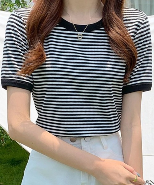 セール】レディース ボーダー柄パイピングTシャツ（Tシャツ