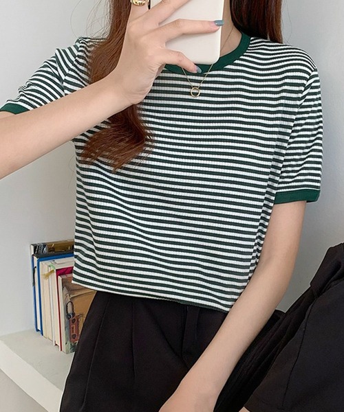 DAY CLOSET（デイ クローゼット）の「レディース ボーダー柄パイピングTシャツ（Tシャツ/カットソー・レディース・ブラック/ブラウン/グリーン・ONE SIZE）」の4枚目の写真