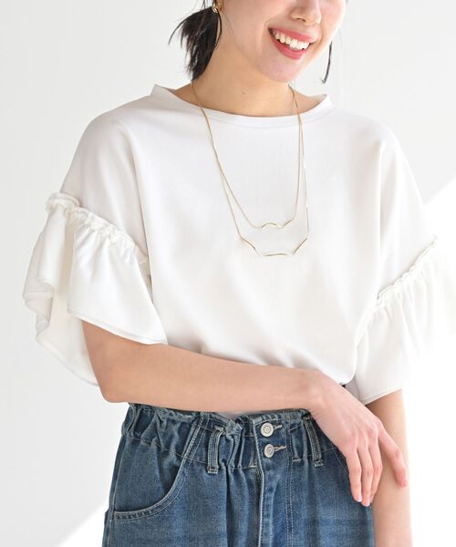 rps(アールピーエス)の「フリル袖カットジョーゼットプルオーバー(Tシャツ/カットソー・レディース・ブラック/グレイッシュベージュ/オレンジ/オフホワイト/マスタード/ブルーグリーン・M/フリー)」の2枚目の写真