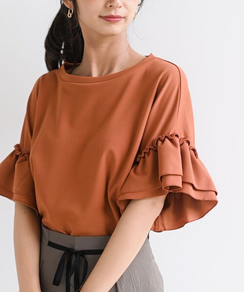 rps(アールピーエス)の「フリル袖カットジョーゼットプルオーバー(Tシャツ/カットソー・レディース・ブラック/グレイッシュベージュ/オレンジ/オフホワイト/マスタード/ブルーグリーン・M/フリー)」の6枚目の写真