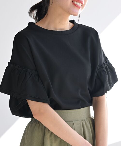 rps(アールピーエス)の「フリル袖カットジョーゼットプルオーバー(Tシャツ/カットソー・レディース・ブラック/グレイッシュベージュ/オレンジ/オフホワイト/マスタード/ブルーグリーン・M/フリー)」の3枚目の写真