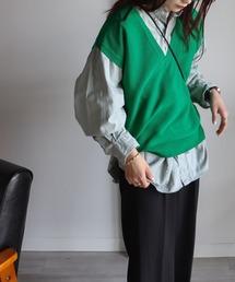 COURO | リネンタッチＶネックカラーニットベスト(ベスト)