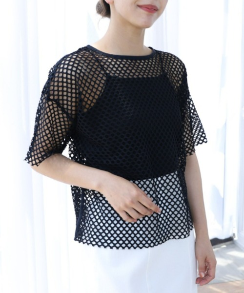 moment+(モーメントプラス)の「メッシュネット半袖プルオーバー(Tシャツ/カットソー・レディース・ブラック/オフホワイト・M)」の6枚目の写真