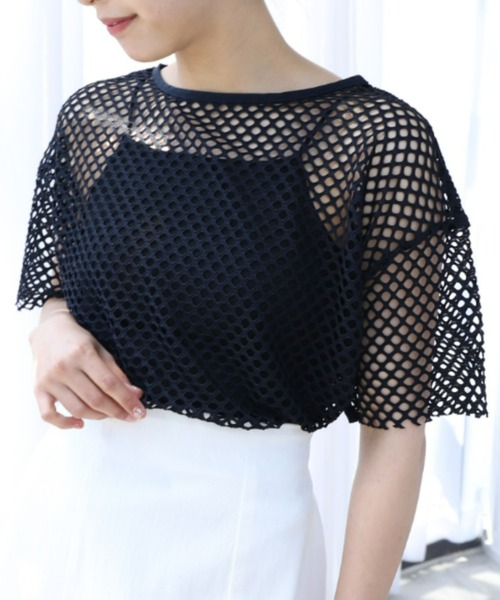 moment+(モーメントプラス)の「メッシュネット半袖プルオーバー(Tシャツ/カットソー・レディース・ブラック/オフホワイト・M)」の8枚目の写真