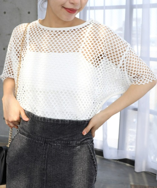 moment+(モーメントプラス)の「メッシュネット半袖プルオーバー(Tシャツ/カットソー・レディース・ブラック/オフホワイト・M)」の11枚目の写真