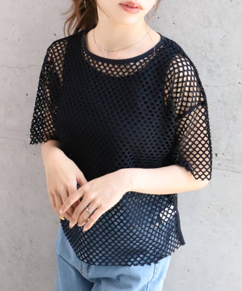 moment+(モーメントプラス)の「メッシュネット半袖プルオーバー(Tシャツ/カットソー・レディース・ブラック/オフホワイト・M)」の3枚目の写真
