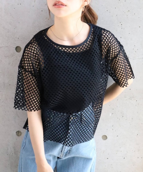 moment+(モーメントプラス)の「メッシュネット半袖プルオーバー(Tシャツ/カットソー・レディース・ブラック/オフホワイト・M)」の14枚目の写真
