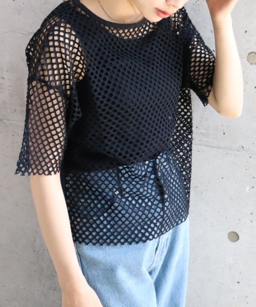 moment+(モーメントプラス)の「メッシュネット半袖プルオーバー(Tシャツ/カットソー・レディース・ブラック/オフホワイト・M)」の16枚目の写真
