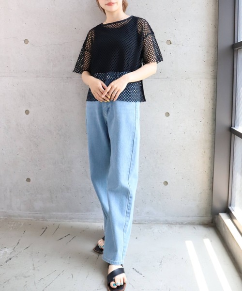 moment+(モーメントプラス)の「メッシュネット半袖プルオーバー(Tシャツ/カットソー・レディース・ブラック/オフホワイト・M)」の13枚目の写真