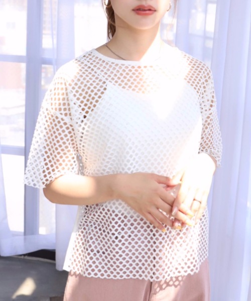 moment+(モーメントプラス)の「メッシュネット半袖プルオーバー(Tシャツ/カットソー・レディース・ブラック/オフホワイト・M)」の21枚目の写真