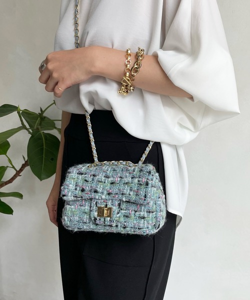 DouDou（ドゥドゥ）の「ツイードチェーンポシェット（ショルダーバッグ・レディース・ブラック/ネイビー/サックスブルー/オフホワイト・FREE）」の5枚目の写真