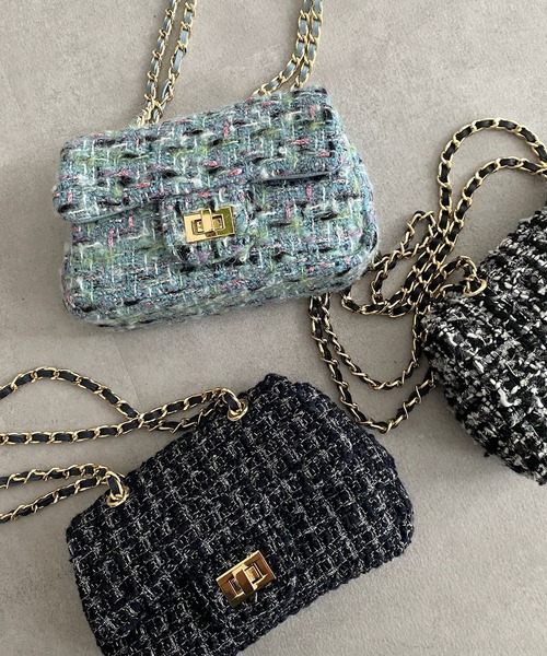 DouDou（ドゥドゥ）の「ツイードチェーンポシェット（ショルダーバッグ・レディース・ブラック/ネイビー/サックスブルー/オフホワイト・FREE）」の13枚目の写真