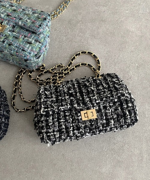 DouDou（ドゥドゥ）の「ツイードチェーンポシェット（ショルダーバッグ・レディース・ブラック/ネイビー/サックスブルー/オフホワイト・FREE）」の10枚目の写真