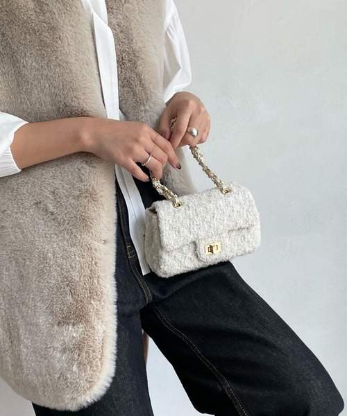 DouDou（ドゥドゥ）の「ツイードチェーンポシェット（ショルダーバッグ・レディース・ブラック/ネイビー/サックスブルー/オフホワイト・FREE）」の17枚目の写真