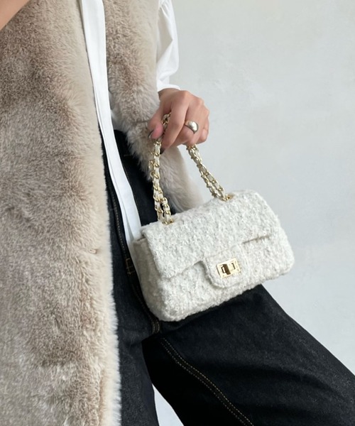 DouDou（ドゥドゥ）の「ツイードチェーンポシェット（ショルダーバッグ・レディース・ブラック/ネイビー/サックスブルー/オフホワイト・FREE）」の18枚目の写真