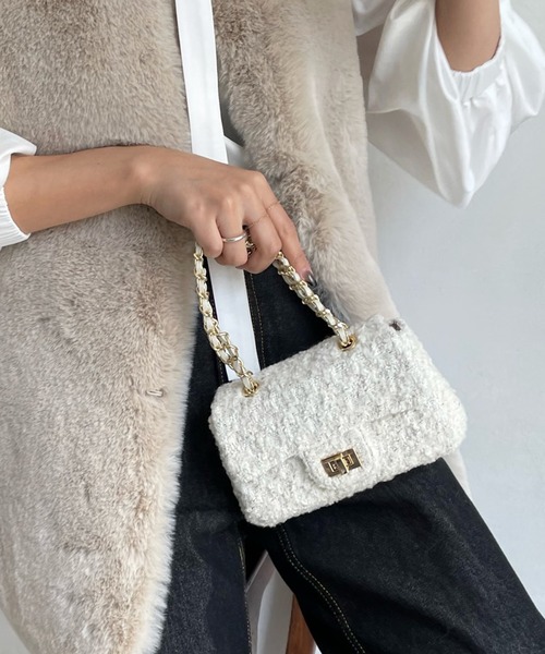 DouDou（ドゥドゥ）の「ツイードチェーンポシェット（ショルダーバッグ・レディース・ブラック/ネイビー/サックスブルー/オフホワイト・FREE）」の19枚目の写真