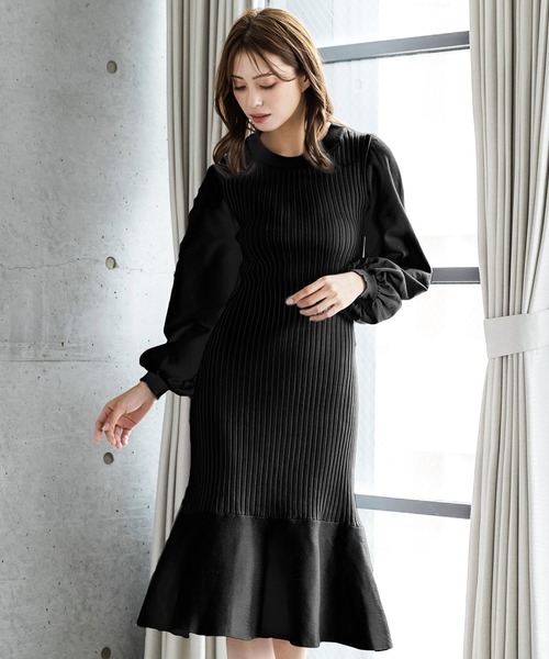 Julia Boutique（ジュリアブティック）の「ミディアム丈・バルーンスリーブマーメイドニットワンピース/22555（ワンピース・レディース・ブラック/モカ/ピンク/アイボリー/グレイッシュベージュ/グレー・MEDIUM）」の9枚目の写真